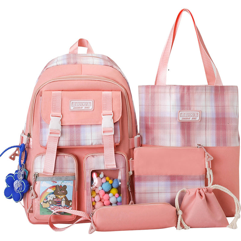 Kids Backpack With Lunch Box School Backpacks Black Blue Pink Book Bags For Girls 5pcs Bag Set Functional Backpack Shoulder Bag Square Bag Plaid