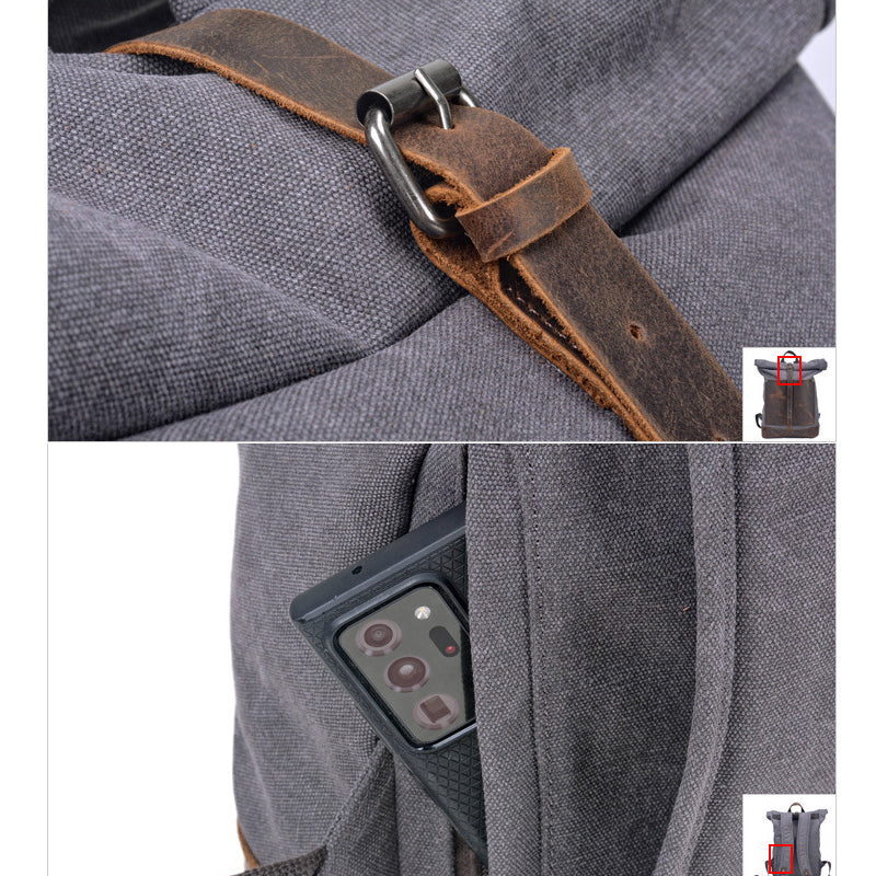 Vintage Waterproof Canvas Backpack Rucksack Roll Top Bag