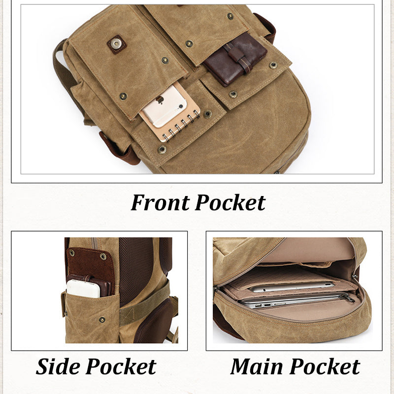 Portable Canvas Backpack Outdoor Travel Ruckpack For 15 inch Laptop