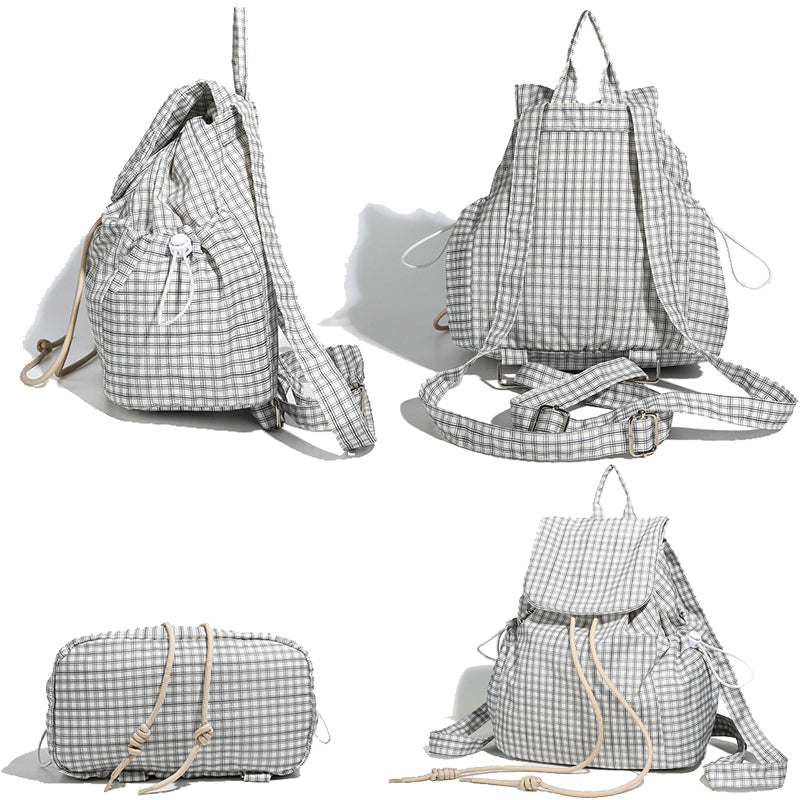Black White Plaid Backpack Drawstring Bookbag