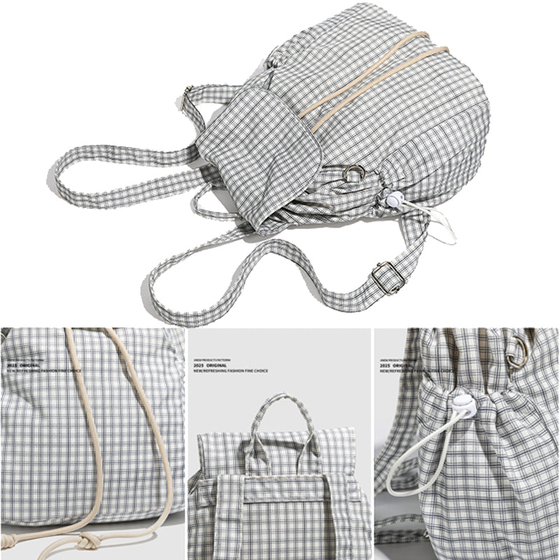 Black White Plaid Backpack Drawstring Bookbag