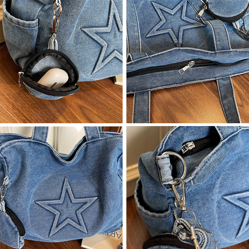 Tote Bag With Denim Five Star Distressed