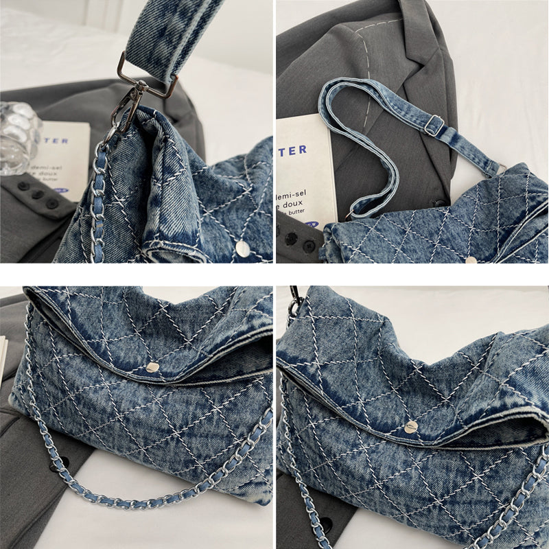 Diamond Quilted Denim Tote Bag
