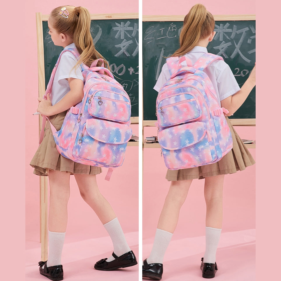 Kids Backpack With Lunch Box School Backpacks - Black Purple Pink Book Bags For Girls Star Large Capacity With Lunch Bag