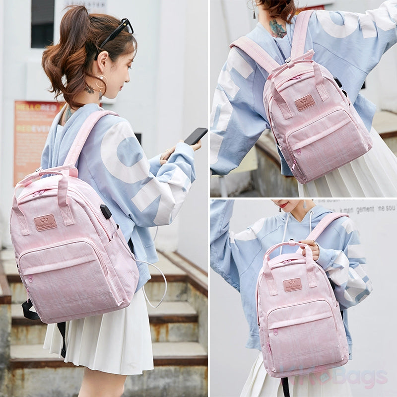 Kids USB School Backpacks - Black Pink Green Book Bags For Boys Girls 18 Inch Laptop Backpack With USB Charging Port For Travel