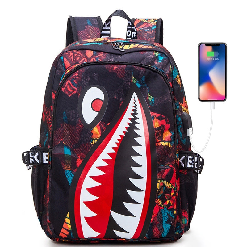 Kids USB Unique Shark Teeth School Backpacks - Black Blue Red Book Bags For Boys For Primary/Middle School