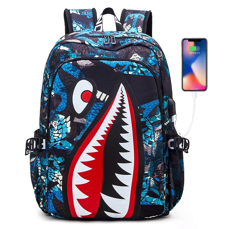 Kids USB Unique Shark Teeth School Backpacks - Black Blue Red Book Bags For Boys For Primary/Middle School