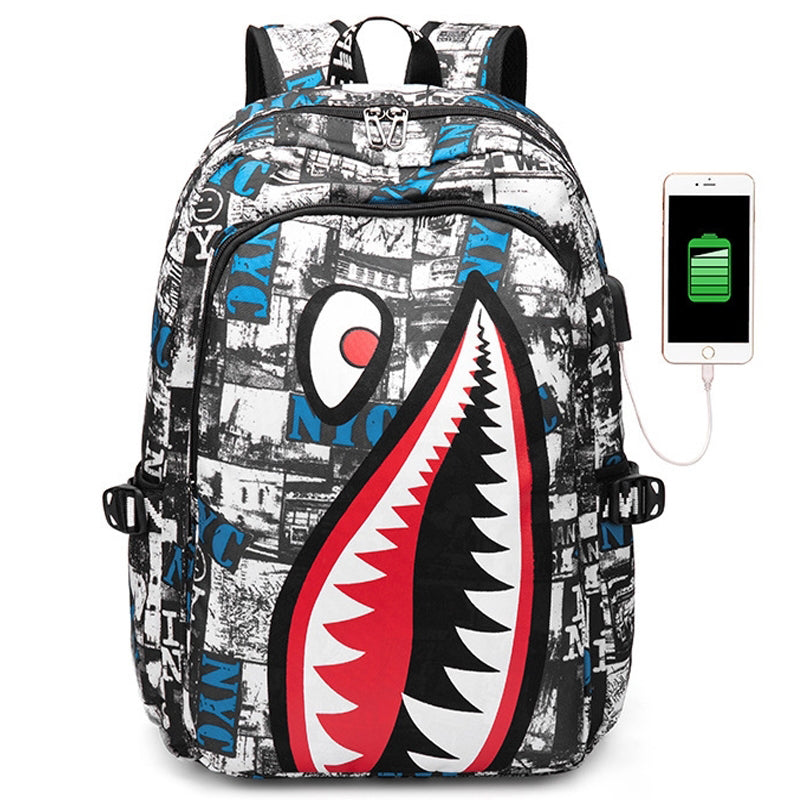 Kids USB Unique Shark Teeth School Backpacks - Black Blue Red Book Bags For Boys For Primary/Middle School