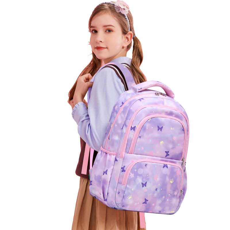 Kids Backpack With Lunch Box School Backpacks - Blue Pink Purple Book Bags For Girls Cute Butterfly Backpack Set With Lunch Pail Pencil Case Bookbag