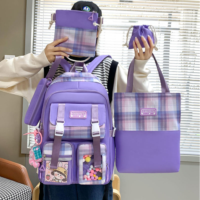 Kids Backpack With Lunch Box School Backpacks - Black Blue Pink Book Bags For Girls 5pcs Bag Set Functional Backpack Shoulder Bag Square Bag Plaid Letter BookBag