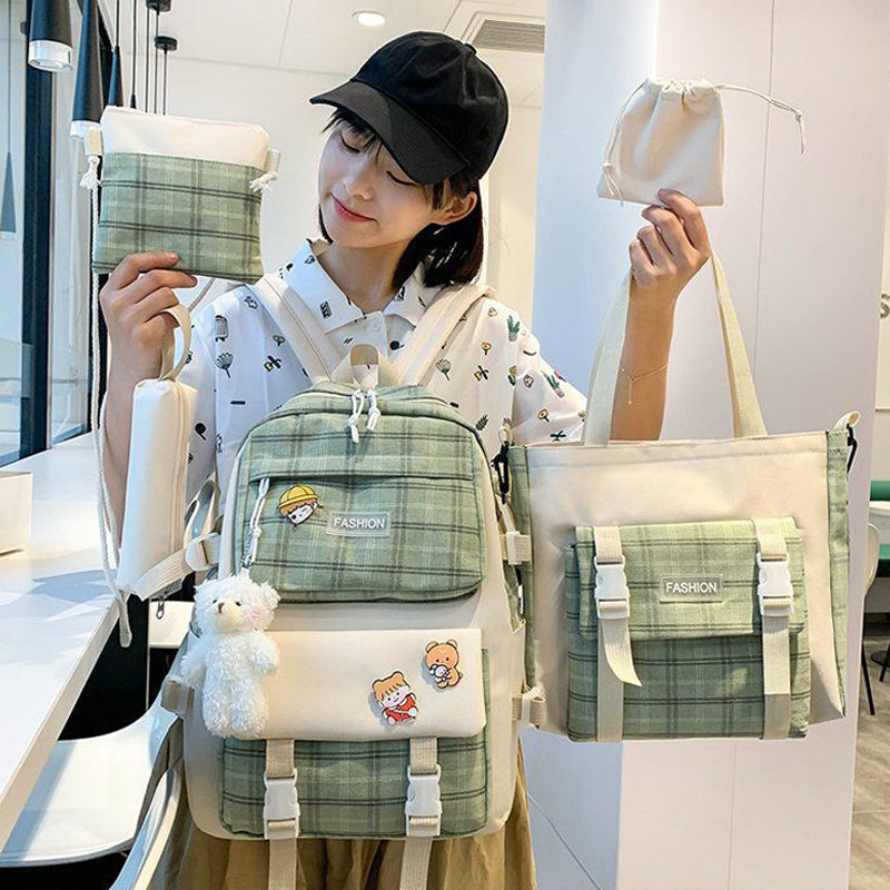Kids Backpack With Lunch Box School Backpacks - Green Grey Khaki Book Bags For Girls 5Pcs Combo Set Plaid Laptop Schoolbag Kit BookBag