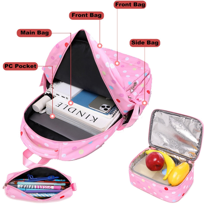Kids Backpack With Lunch Box School Backpacks - Black Purple Pink Book Bags For Boys Girls Polka Dot Multifunction