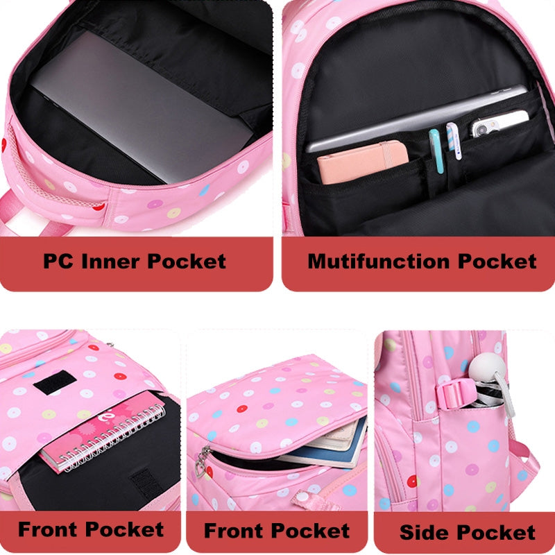 Kids Backpack With Lunch Box School Backpacks - Black Purple Pink Book Bags For Boys Girls Polka Dot Multifunction