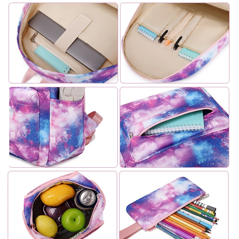Kids Backpack With Lunch Box School Backpacks - Purple Pink Book Bags For Boys Girls Galaxy School Backpack Set