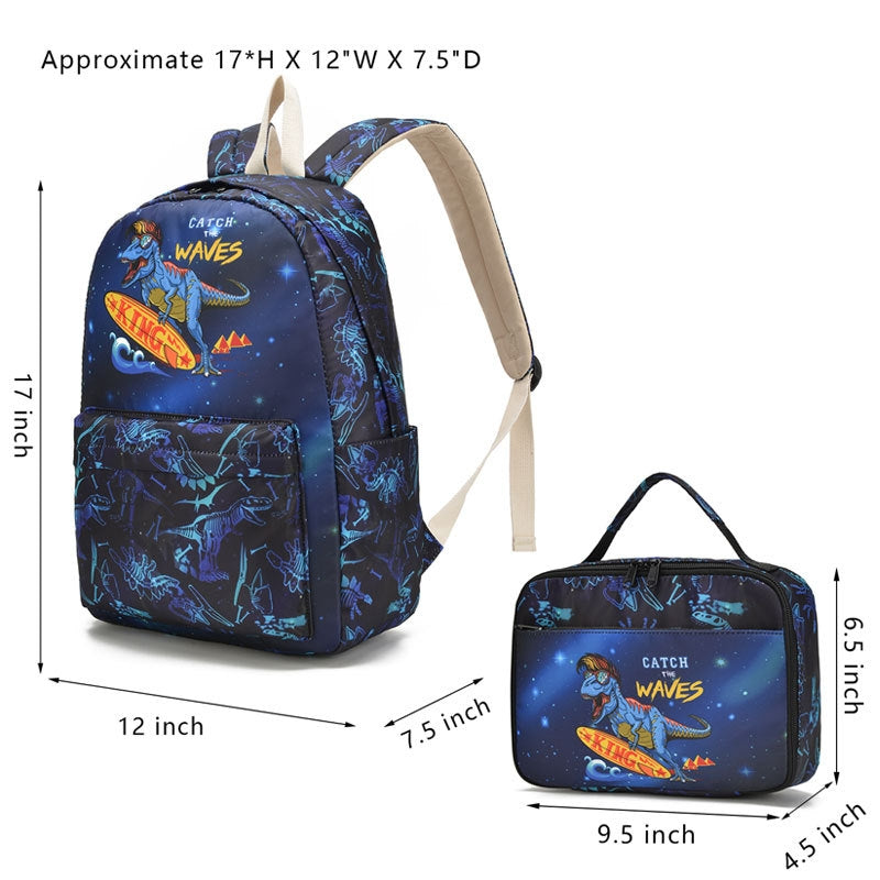 Kids Backpack With Lunch Box Dinosaur School Backpacks - Blue Purple Green Book Bags For Boys Girls With Lunchbox Grade 1-6th BookBag