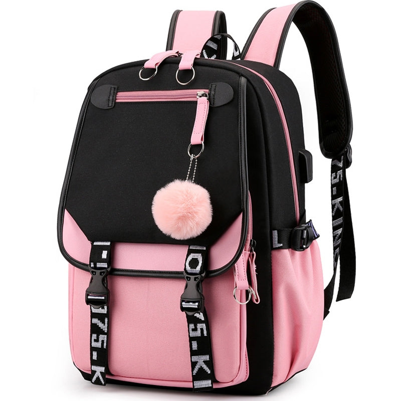 Kids USB School Backpacks - Black Pink Blue Book Bags For Boys Girls Middle School Students Outdoor Daypack