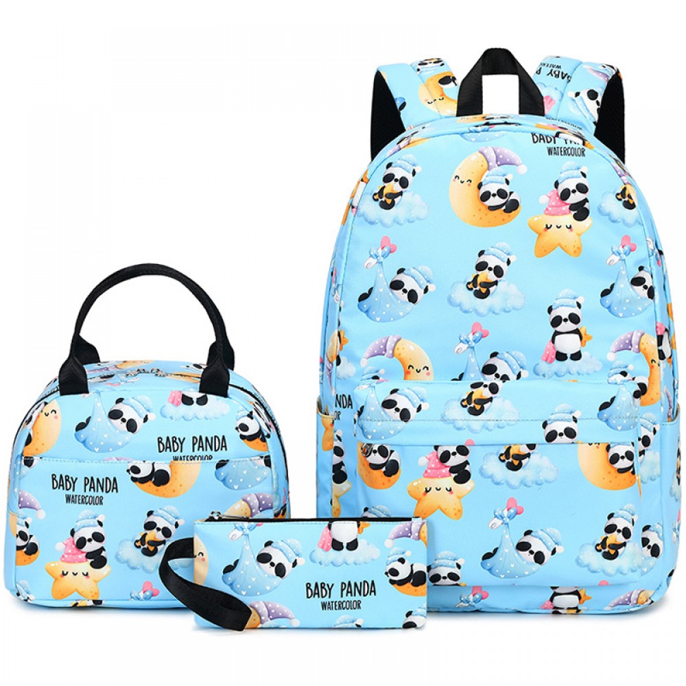 Kids Backpack With Lunch Box Panda School Backpacks - Pink Blue Book Bags For Girls 3 Pcs Cute Panda Cartoon Pattern Bookbag Set