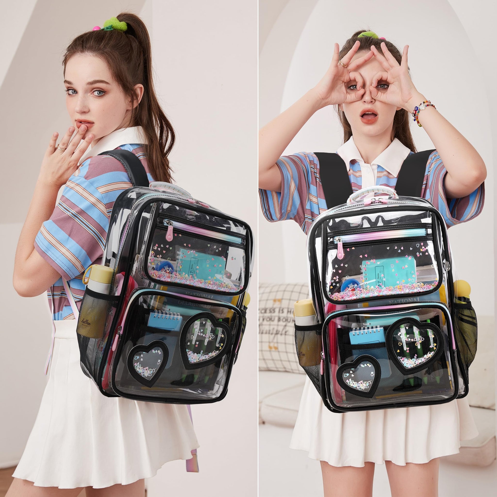 Kids Clear School Backpacks - Black Beige Pink Book Bags For Boys Girls Teens Transparent See Through Middle College Bag Large Laptop