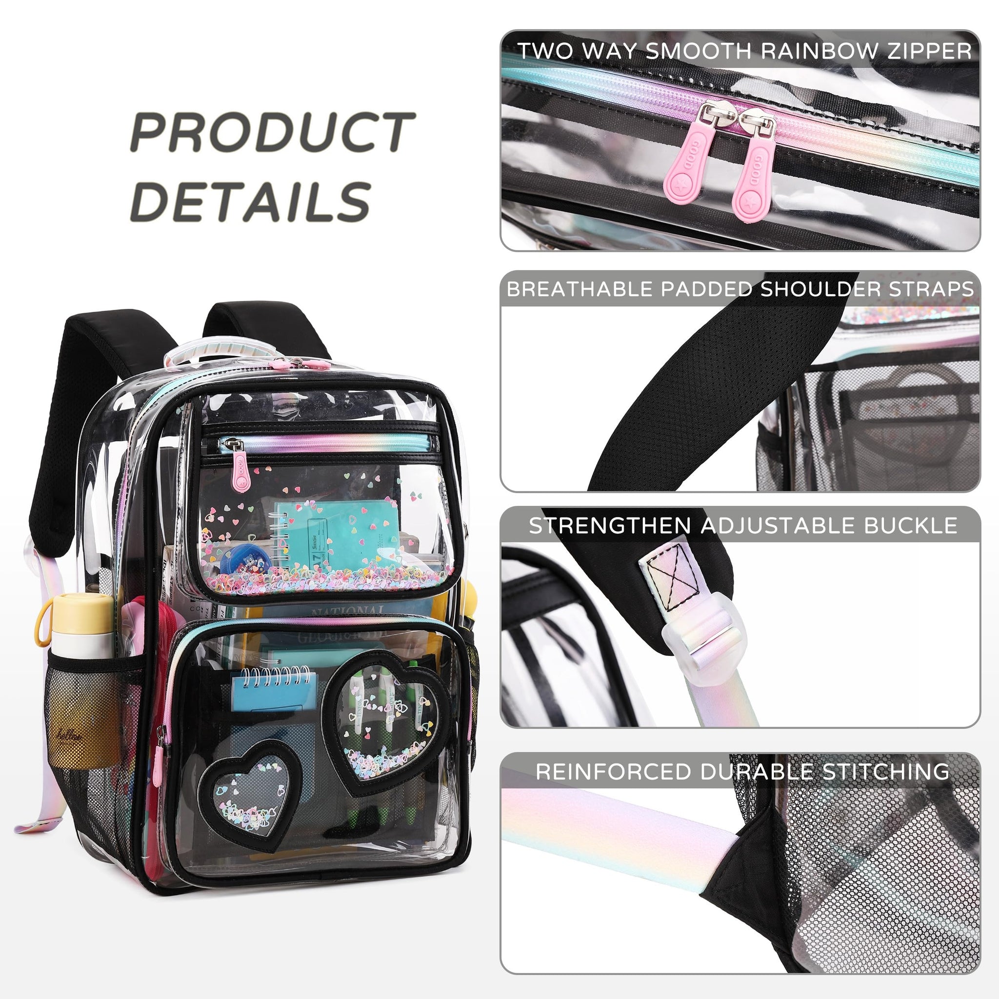 Kids Clear School Backpacks - Black Beige Pink Book Bags For Boys Girls Teens Transparent See Through Middle College Bag Large Laptop
