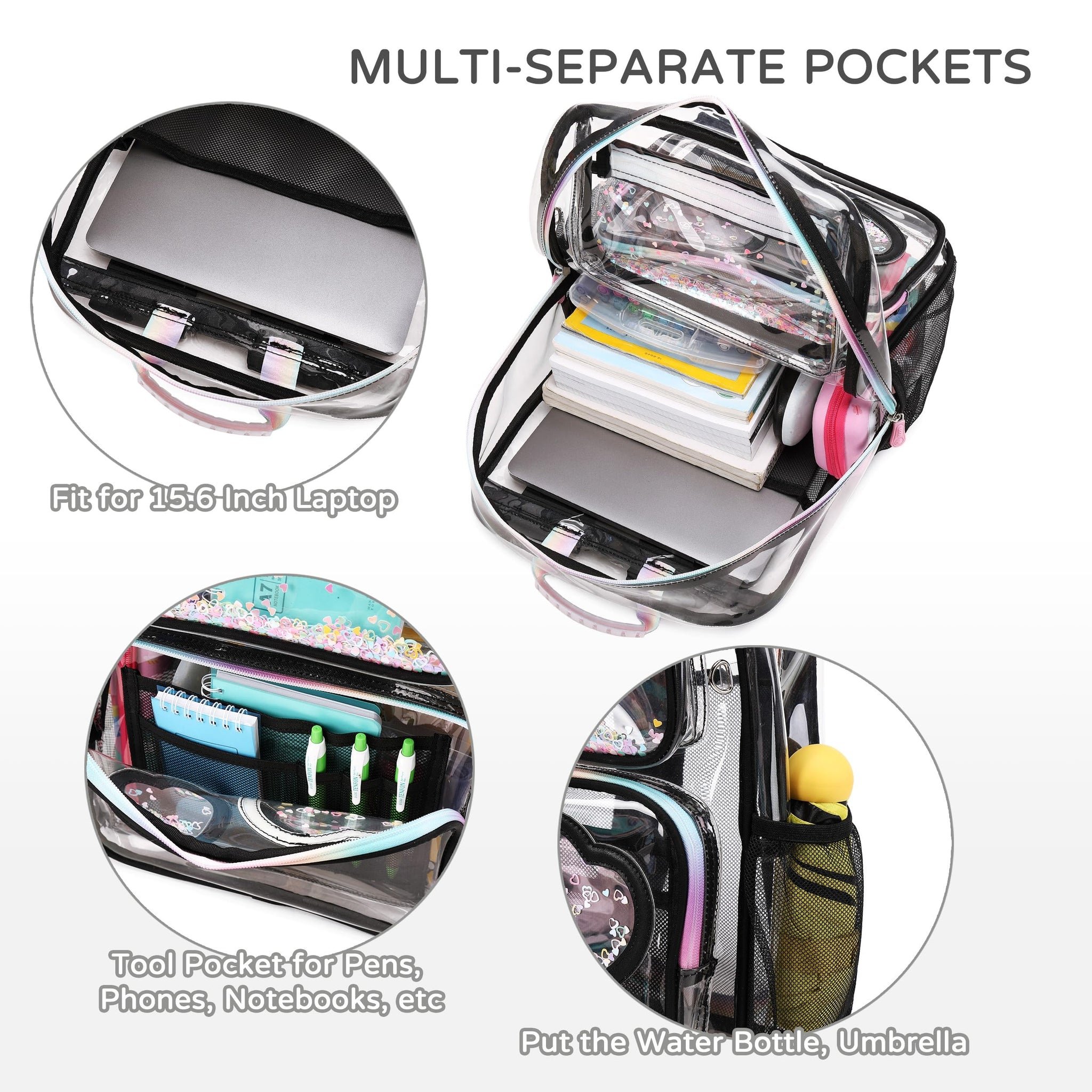 Kids Clear School Backpacks - Black Beige Pink Book Bags For Boys Girls Teens Transparent See Through Middle College Bag Large Laptop