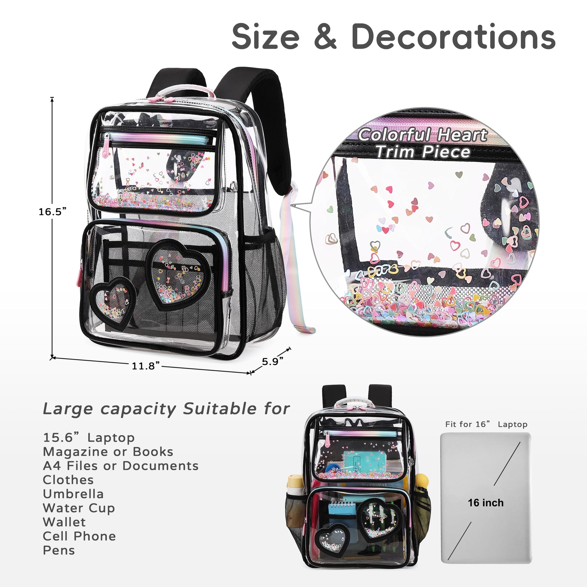 Kids Clear School Backpacks - Black Beige Pink Book Bags For Boys Girls Teens Transparent See Through Middle College Bag Large Laptop