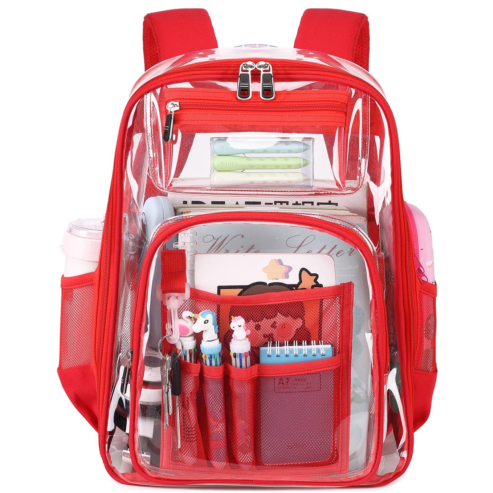 Kids Clear School Backpacks - Black Red Pink Book Bags For Boys Girls Heavy Duty TPU Quick Security Check See Through Transparent Travel Bag