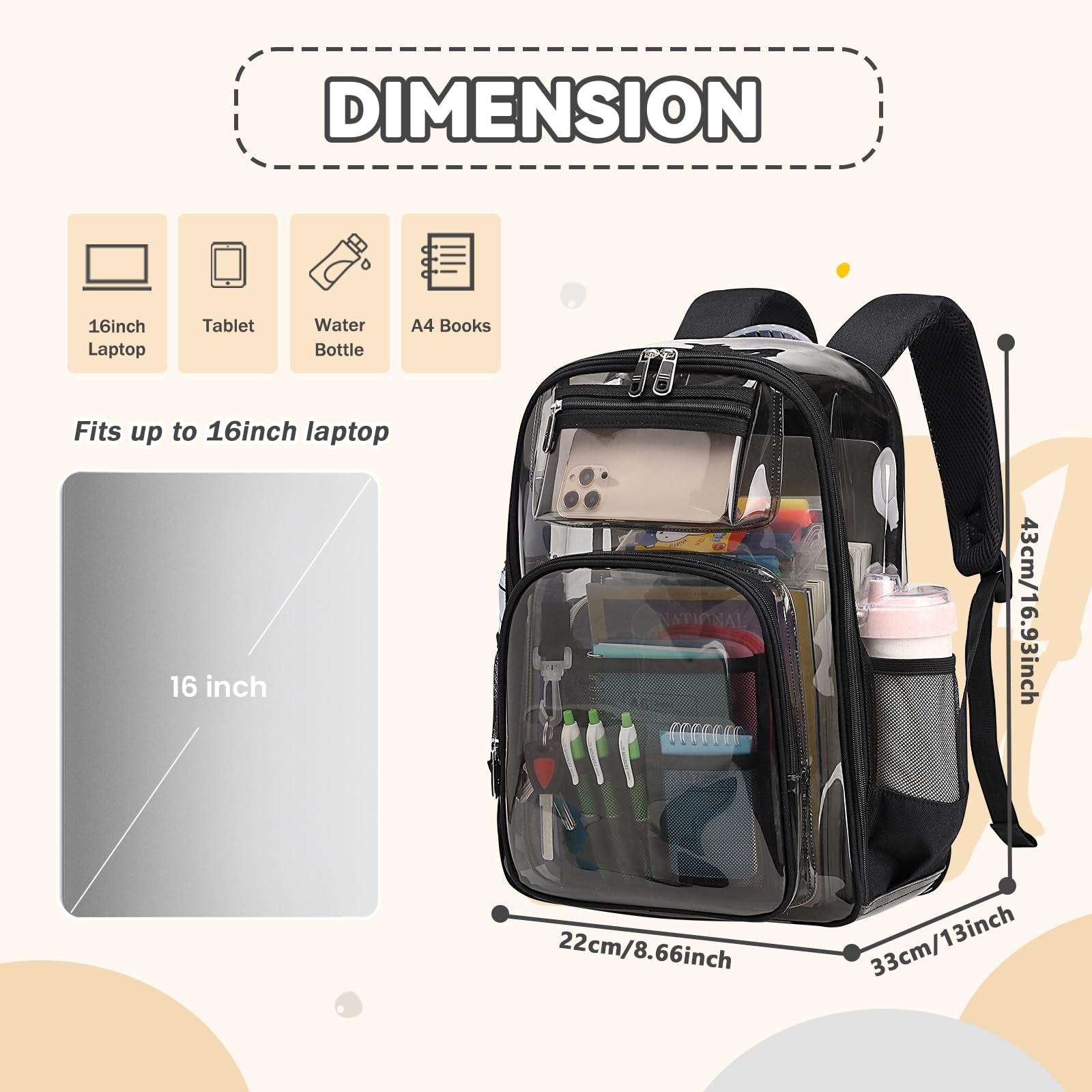 Kids Clear School Backpacks - Black Red Pink Book Bags For Boys Girls Heavy Duty TPU Quick Security Check See Through Transparent Travel Bag