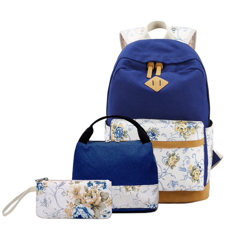 Kids Backpack With Lunch Box Floral School Backpacks - Pink Black Blue Book Bags For Boys Girls Sets Canvas With Lunch Bag Pencil Case