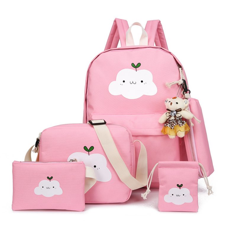 Kids Backpack With Lunch Box School Backpacks - Pink Grey Book Bags For Boys Girls Canvas Cute Kitty Backpack Set 4pcs Including Shoulder Backpack Handbag And Storage Bag