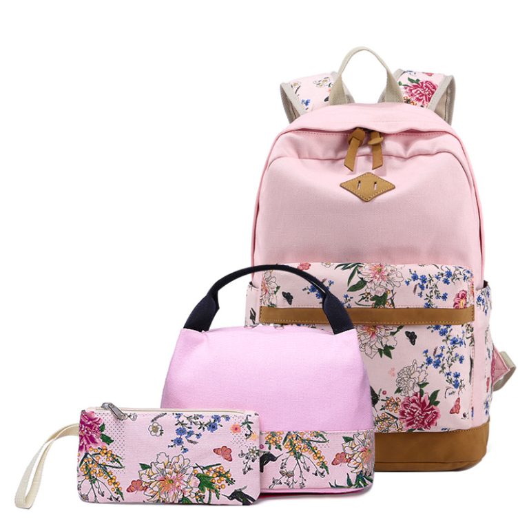 Kids Backpack With Lunch Box Floral School Backpacks - Pink Black Blue Book Bags For Boys Girls Sets Canvas With Lunch Bag Pencil Case