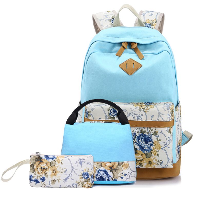 Kids Backpack With Lunch Box Floral School Backpacks - Pink Black Blue Book Bags For Boys Girls Sets Canvas With Lunch Bag Pencil Case