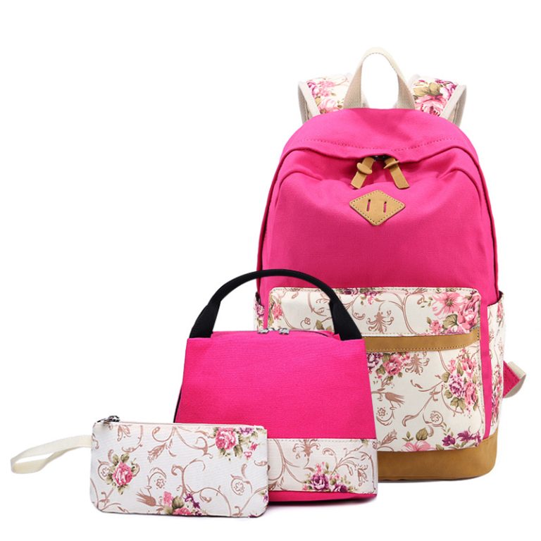 Kids Backpack With Lunch Box Floral School Backpacks - Pink Black Blue Book Bags For Boys Girls Sets Canvas With Lunch Bag Pencil Case