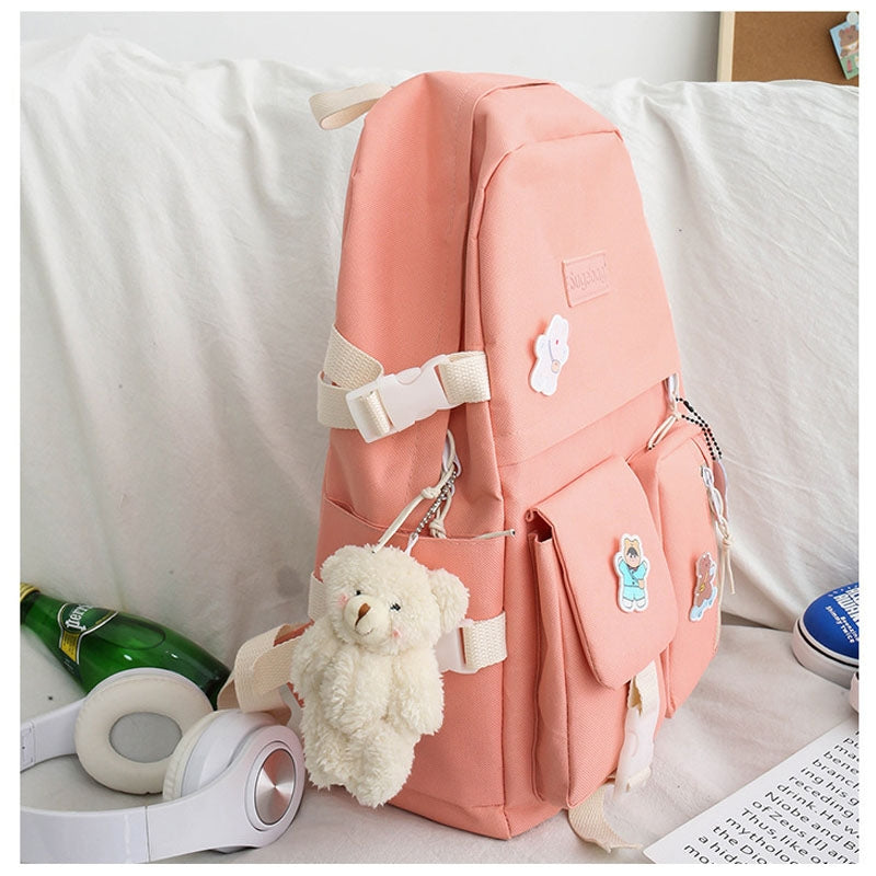 Kids Backpack With Lunch Box School Backpacks - Black Pink Green Book Bags For Boys Girls 5 Pcs Backpack Set Canvas Bookbag with Bear Pendant BookBag
