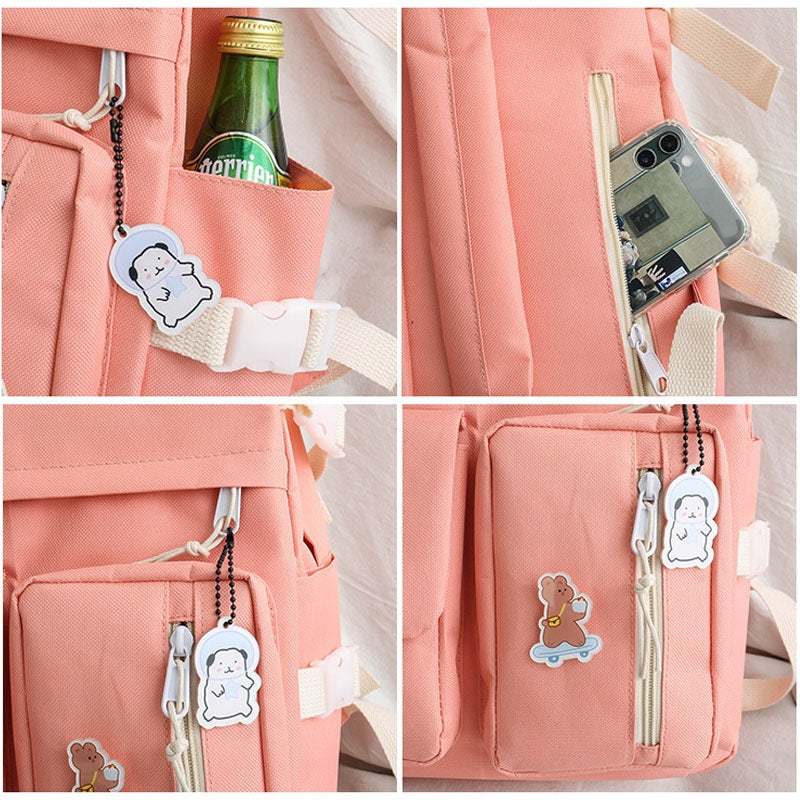 Kids Backpack With Lunch Box School Backpacks - Black Pink Green Book Bags For Boys Girls 5 Pcs Backpack Set Canvas Bookbag with Bear Pendant BookBag