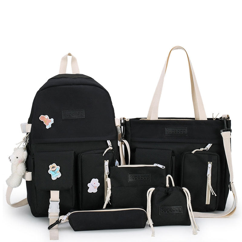 Kids Backpack With Lunch Box School Backpacks - Black Pink Green Book Bags For Boys Girls 5 Pcs Backpack Set Canvas Bookbag with Bear Pendant BookBag
