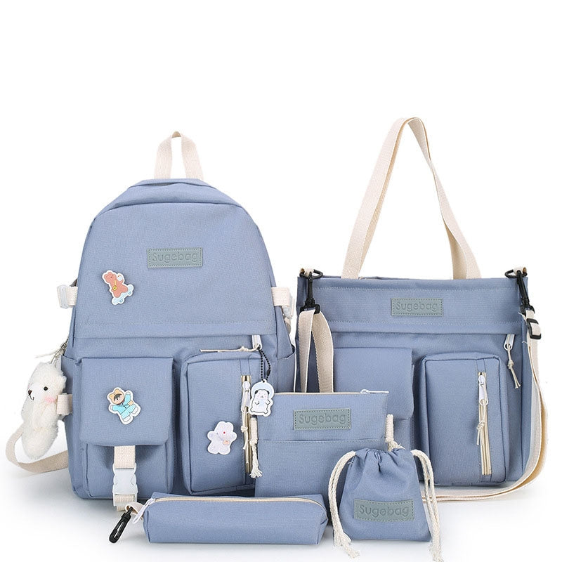 Kids Backpack With Lunch Box School Backpacks - Black Pink Green Book Bags For Boys Girls 5 Pcs Backpack Set Canvas Bookbag with Bear Pendant BookBag