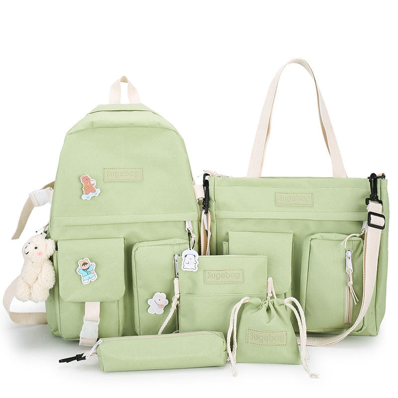 Kids Backpack With Lunch Box School Backpacks - Black Pink Green Book Bags For Boys Girls 5 Pcs Backpack Set Canvas Bookbag with Bear Pendant BookBag