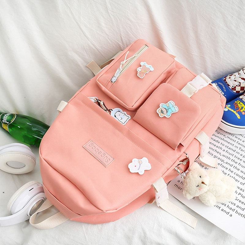 Kids Backpack With Lunch Box School Backpacks - Black Pink Green Book Bags For Boys Girls 5 Pcs Backpack Set Canvas Bookbag with Bear Pendant BookBag
