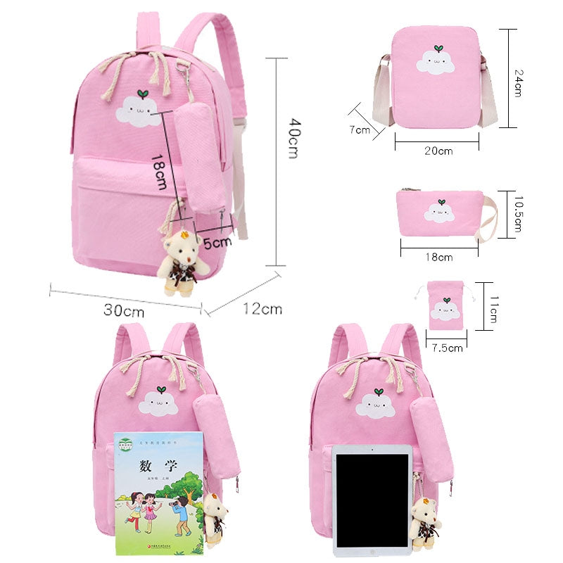 Kids Backpack With Lunch Box School Backpacks - Pink Grey Book Bags For Boys Girls Canvas Cute Kitty Backpack Set 4pcs Including Shoulder Backpack Handbag And Storage Bag