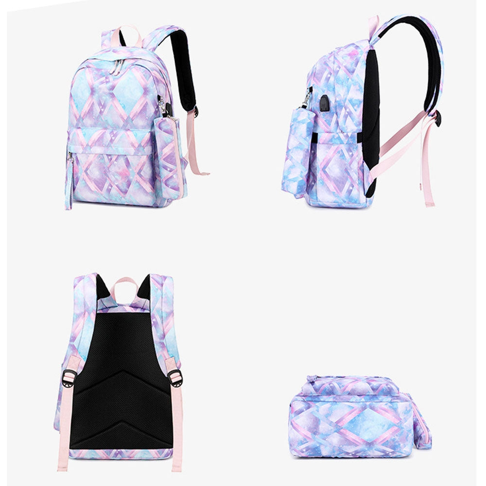 Kids Backpack With Lunch Box USB School Backpacks - Pink Grey Purple Book Bags For Boys Girls Stylish Printing Set For Teen Cute School Bag With USB Charging Port Top Level
