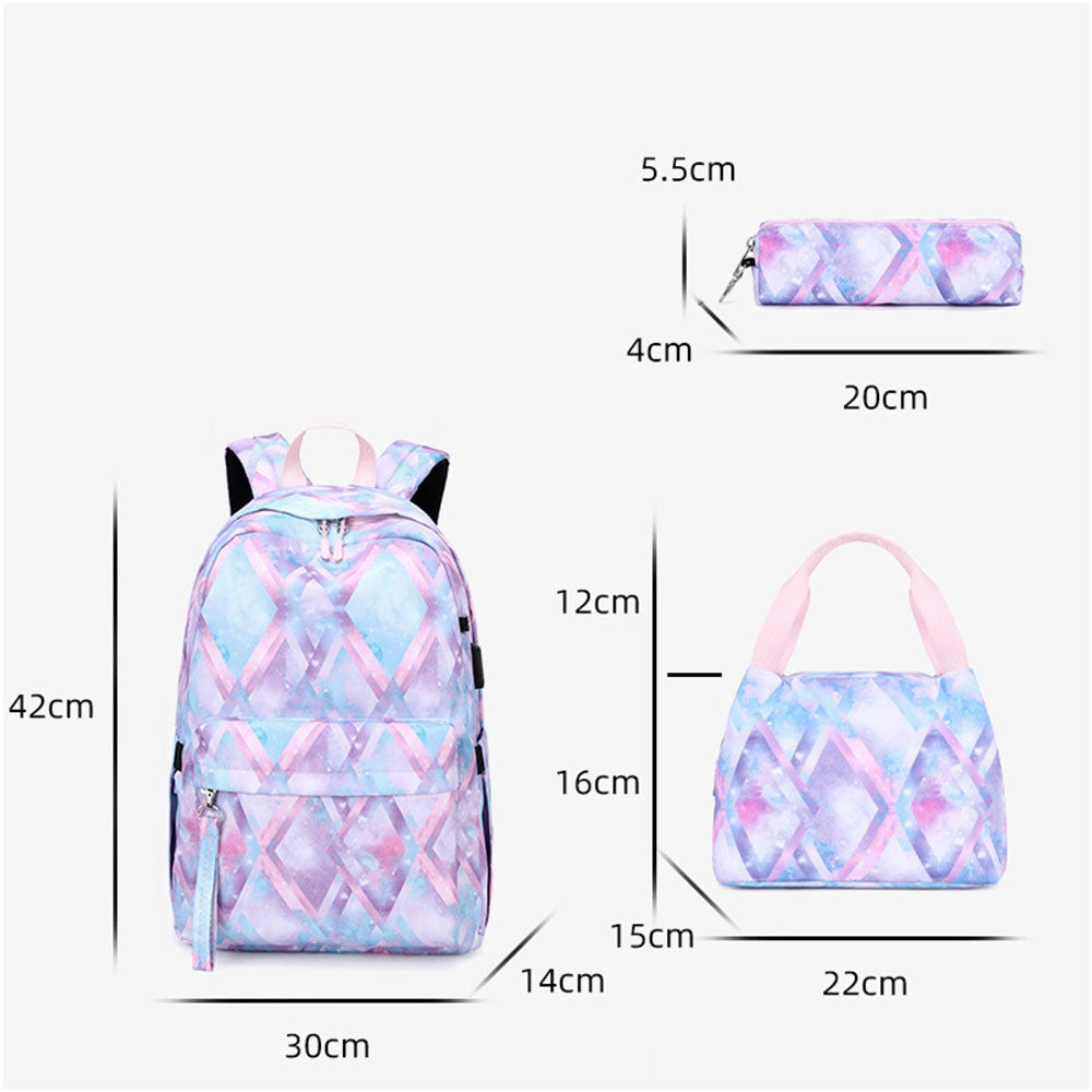Kids Backpack With Lunch Box USB School Backpacks - Pink Grey Purple Book Bags For Boys Girls Stylish Printing Set For Teen Cute School Bag With USB Charging Port Top Level