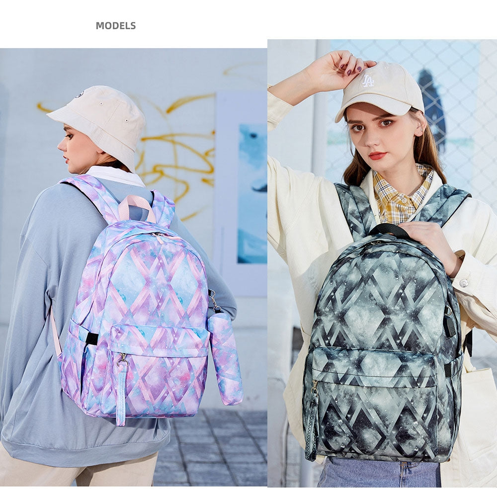 Kids Backpack With Lunch Box USB School Backpacks - Pink Grey Purple Book Bags For Boys Girls Stylish Printing Set For Teen Cute School Bag With USB Charging Port Top Level