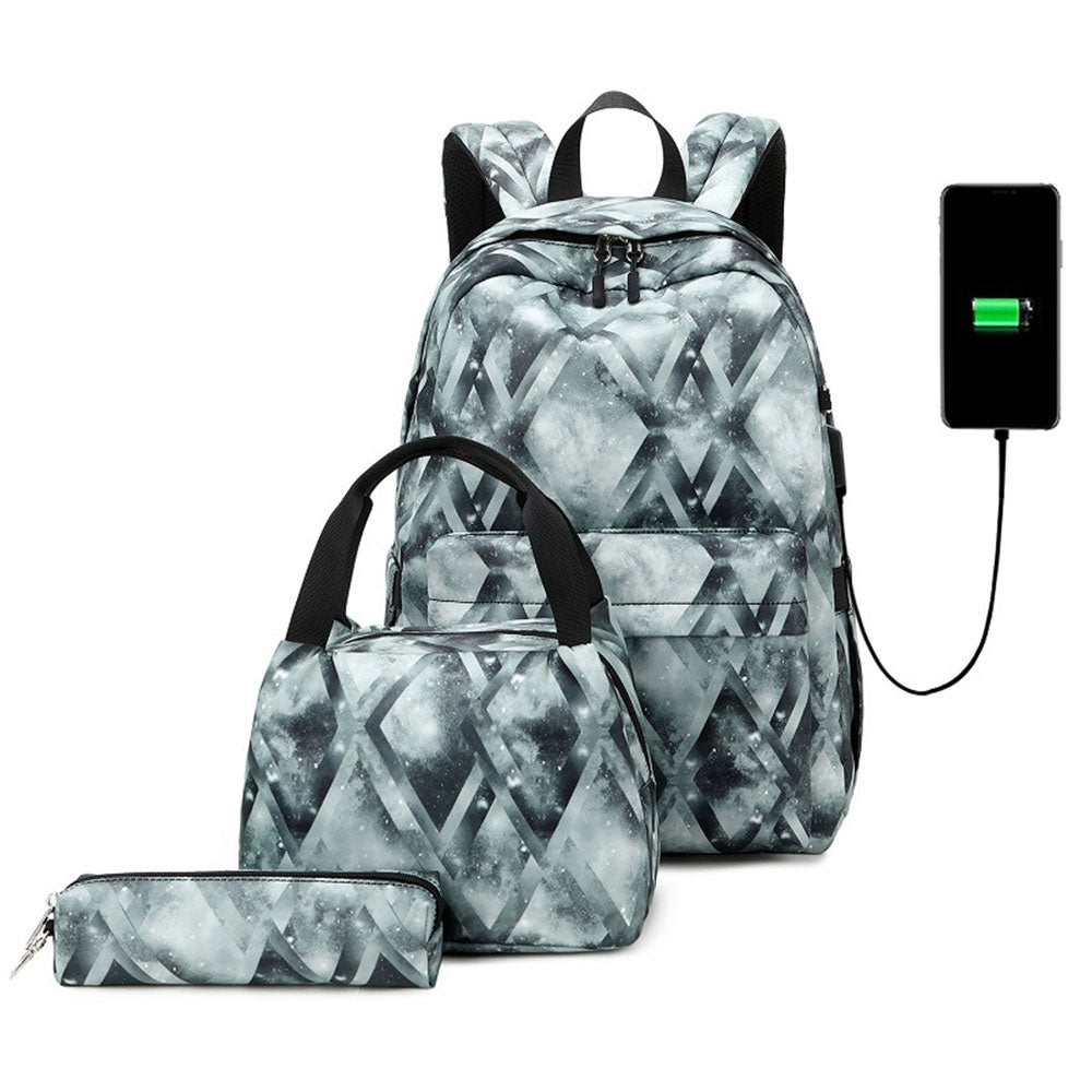 Kids Backpack With Lunch Box USB School Backpacks - Pink Grey Purple Book Bags For Boys Girls Stylish Printing Set For Teen Cute School Bag With USB Charging Port Top Level