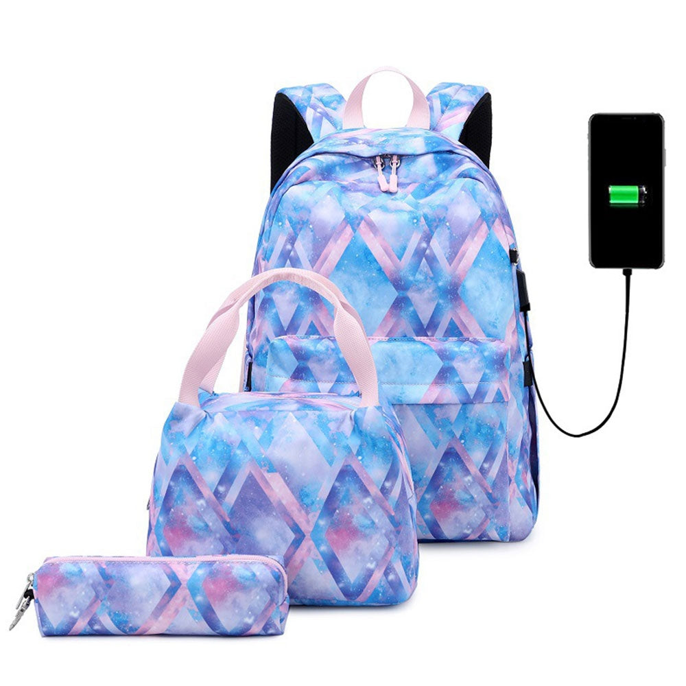 Kids Backpack With Lunch Box USB School Backpacks - Pink Grey Purple Book Bags For Boys Girls Stylish Printing Set For Teen Cute School Bag With USB Charging Port Top Level