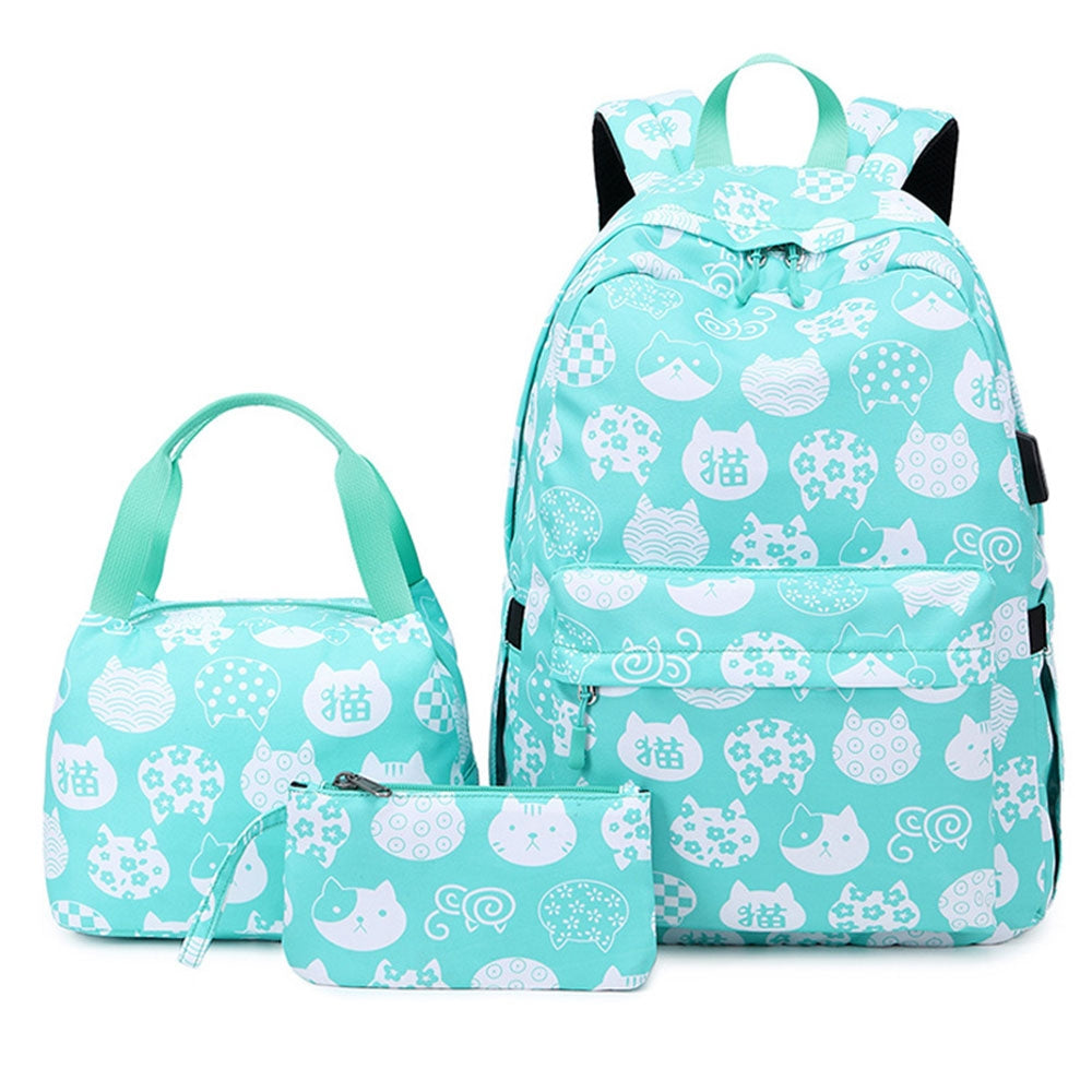 Kids Backpack With Lunch Box USB School Backpacks - Pink Black Green Book Bags For Boys Girls Cute Set With USB Charger Outdoor Leisure Daypack