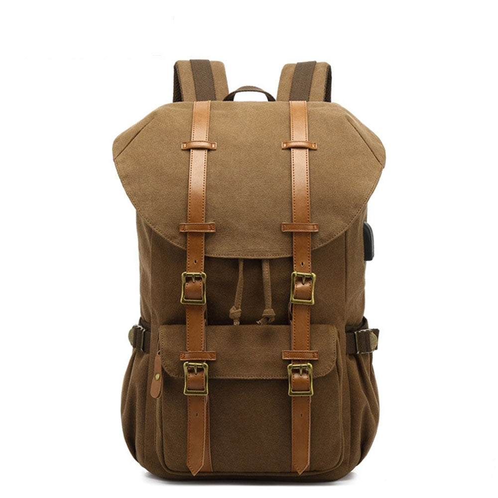 Kids USB School Backpacks - Khaki Book Bags For Boys Girls Cool Retro Outdoor with USB Charger Canvas Travel Bag Hiking Bag Top Level