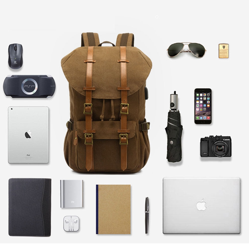 Kids USB School Backpacks - Khaki Book Bags For Boys Girls Cool Retro Outdoor with USB Charger Canvas Travel Bag Hiking Bag Top Level