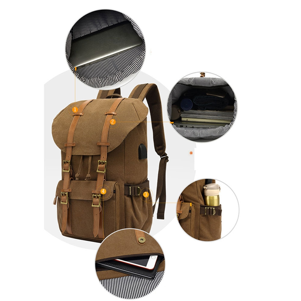 Kids USB School Backpacks - Khaki Book Bags For Boys Girls Cool Retro Outdoor with USB Charger Canvas Travel Bag Hiking Bag Top Level