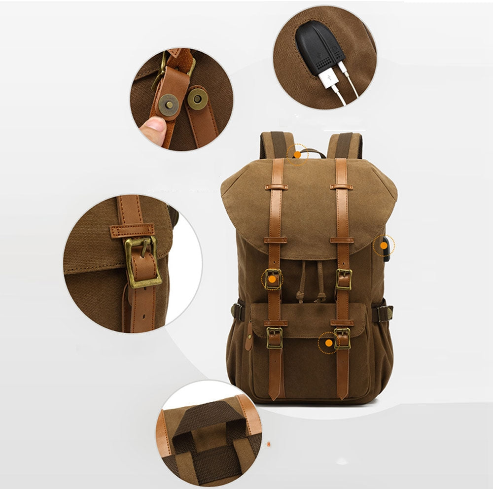 Kids USB School Backpacks - Khaki Book Bags For Boys Girls Cool Retro Outdoor with USB Charger Canvas Travel Bag Hiking Bag Top Level