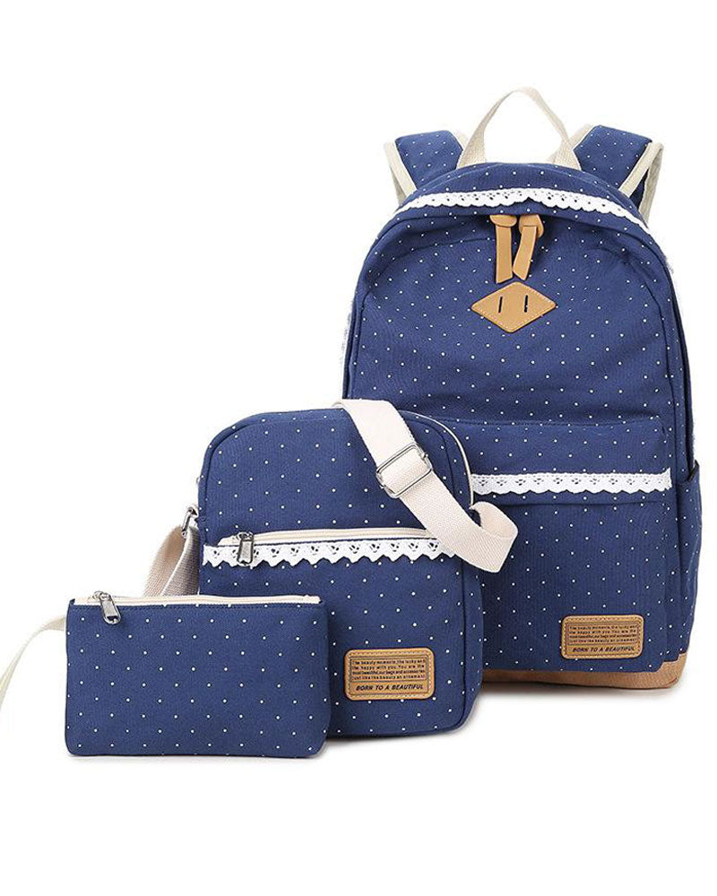 Cute Canvas Backpack for Girls Dots Printing Lightweight Schoolbag Shoulder Bag with Pencil Case